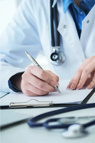 Close up of a doctor in a white coat, writing on a notepad, representing functional medicine testing offered by Thrive Family Practice & Med Spa in Statesboro.