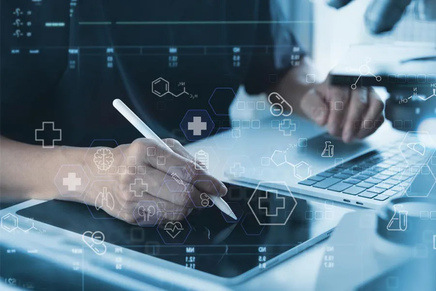 Close-up of a medical professional using a laptop and tablet, with illustrated medical symbols overlayed on the image, symbolizing health conditions treated by Thrive Family Practice & Med Spa in Statesboro.