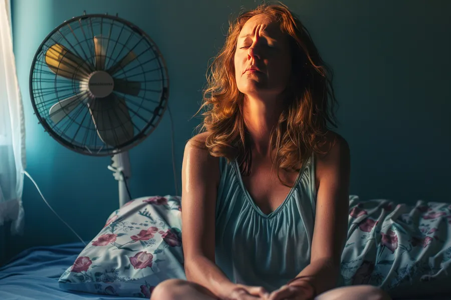 A middle-aged red-haired woman sits in bed sweating with a fan behind her, unable to sleep. Get treatment for hot flashes and night sweats from Thrive Family Practice & Med Spa in Statesboro.