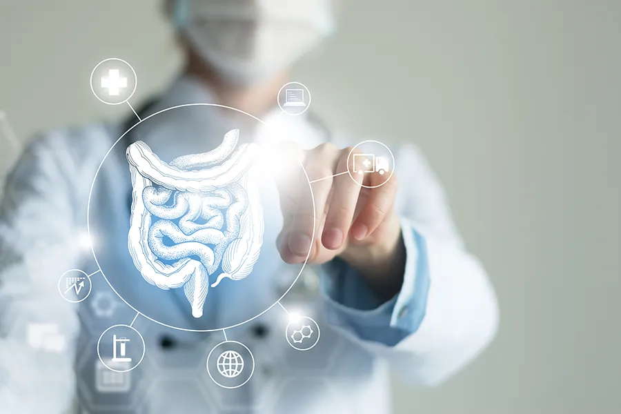 Thrive Family Practice & Med Spa provides advanced Functional Medicine for Leaky Gut Syndrome treatments in Statesboro, shown by a doctor touching a glowing digital intestinal health display.