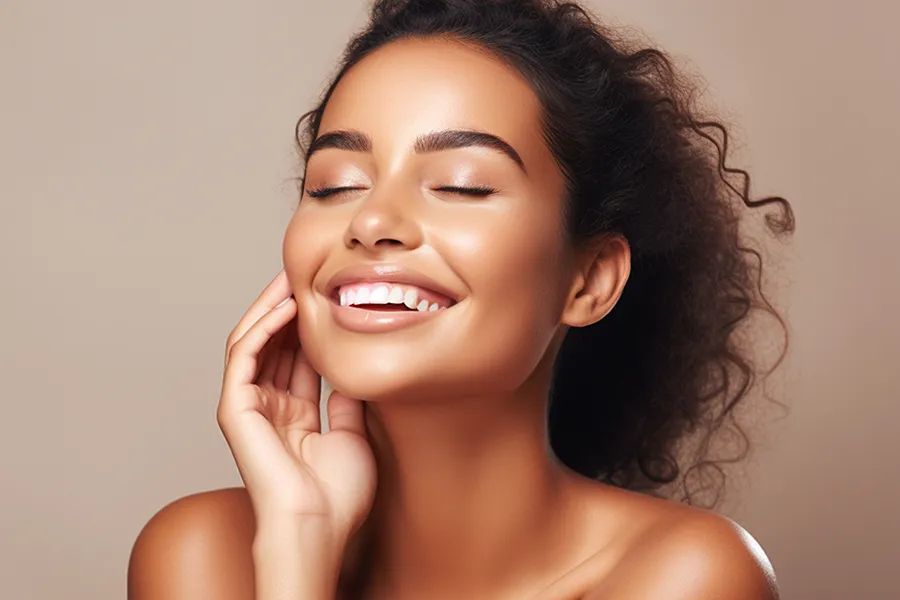A mixed-race woman with beautiful skin touches her face with her eyes closed. Schedule Obagi Medical Skincare from Thrive Family Practice & Med Spa in Statesboro.